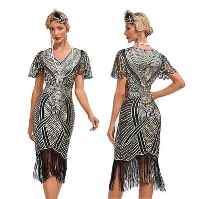 Anni Ruggenti Anni 1920 Lunghezza al ginocchio Vestito Abito Flapper Maniche corte Il grande Gatsby Invitato al matrimonio Paillettes Frangia con nappe Scollo a V Costume Per donna Mascherata Festa