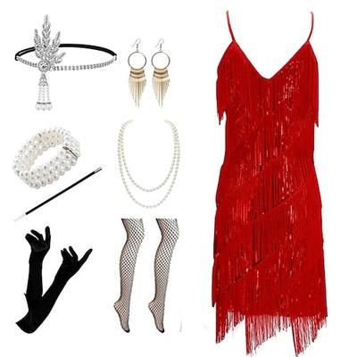 Anni Ruggenti Anni 1920 Mini Abito Flapper Abiti Costume da festa Senza maniche Il grande Gatsby Invitato al matrimonio Frangia con nappe Tinta unica Nappa Scollo a V Costume Per donna Carnevale