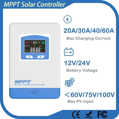 20A 30A 40A 60A MPPT Solar Charge Controller 12V 24V Auto Lifepo4 Battery Charger Max PV Input 100VDC LCD Solar Panel Regulator