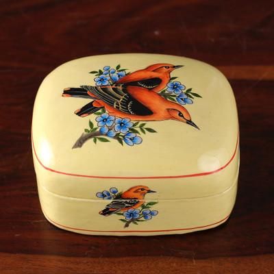 Our Summer,'Bird-Themed Painted Yellow Papier Mache Decorative Box'