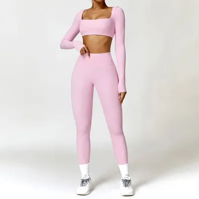 Women Tracksuit Yoga Set 2PCS Sportswear Workout Clothes Athletic Wear Gym Legging Fitness Bra Crop Top Long Sleeve Sports Suits