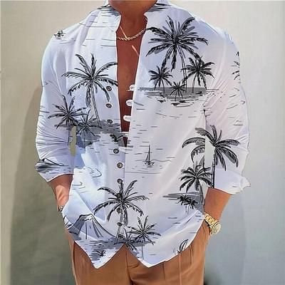 Per uomo Albero di Cocco Piante Tropicali Camicia Camicia hawaiana estiva Camicia Aloha Manica Lunga Camicia Collo alla coreana Moda Designer Casual All'aperto Vacanza Streetwear Giallo Blu Arancione