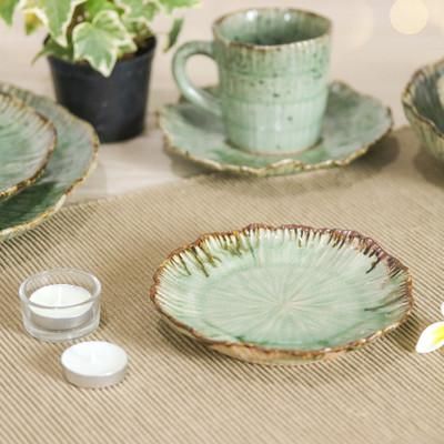 'Lotus-Themed Speckled Green Celadon Ceramic Appetizer Plate'