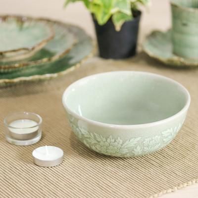 Wealthy Peony,'Leafy and Floral Green Ceramic Bowl with Crackled Finish'