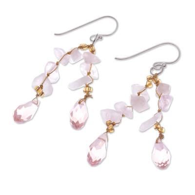 Crystalline Drops,'Rose Quartz and Glass Bead Dangle Earrings from Thailand'