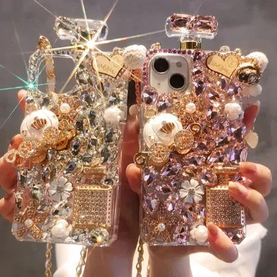 Rhinestone Perfume Bottle Shape Phone Cover with Crystal Pumpkin Pattern, Crossbody, For iPhone 16 15, 14 Pro Max
