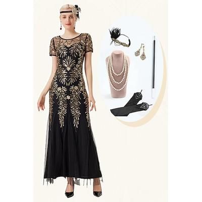 Anni Ruggenti Anni 1920 Lunghezza alla caviglia Abito da sera Abiti Abito da cocktail Maniche corte Il grande Gatsby Ragazza Flapper Invitato al matrimonio Paillettes Scollo Tondo Costume Per donna