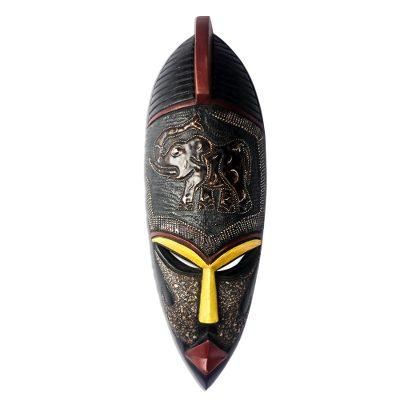 Asomdwe Elephant,'Elephant Themed African Sese Wood and Aluminum Mask'