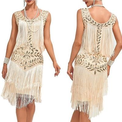 Anni Ruggenti Anni 1920 Lunghezza al ginocchio Vestito Abito Flapper Abito per Festa di Natale Senza maniche Il grande Gatsby Gentildonna Invitato al matrimonio Paillettes Frangia con nappe Scollo