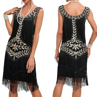 Anni Ruggenti Anni 1920 Lunghezza al ginocchio Vestito Abito Flapper Abito per Festa di Natale Senza maniche Il grande Gatsby Gentildonna Invitato al matrimonio Paillettes Frangia con nappe Scollo