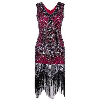 Anni Ruggenti Anni 1920 Lunghezza al ginocchio Vestito Abito Flapper Costume da festa Senza maniche Il grande Gatsby Charleston Invitato al matrimonio Paillettes Frangia con nappe Paillettes Scollo a