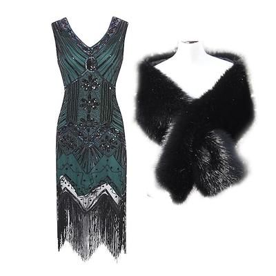 Anni Ruggenti Anni 1920 Lunghezza al ginocchio Vestito Abito Flapper Abiti Normale Senza maniche Il grande Gatsby Charleston Taglie Forti Invitato al matrimonio Paillettes Frangia con nappe Paillettes