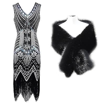 Anni Ruggenti Anni 1920 Lunghezza al ginocchio Vestito Abito Flapper Abiti Normale Senza maniche Il grande Gatsby Charleston Taglie Forti Invitato al matrimonio Paillettes Frangia con nappe Paillettes