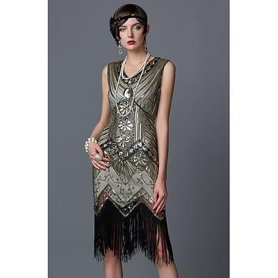 Anni Ruggenti Anni 1920 Lunghezza al ginocchio Vestito Abito Flapper Costume da festa Senza maniche Il grande Gatsby Charleston Invitato al matrimonio Paillettes Frangia con nappe Paillettes Scollo a