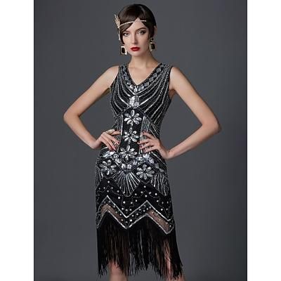 Anni Ruggenti Anni 1920 Lunghezza al ginocchio Vestito Abito Flapper Costume da festa Senza maniche Il grande Gatsby Charleston Invitato al matrimonio Paillettes Frangia con nappe Paillettes Scollo a