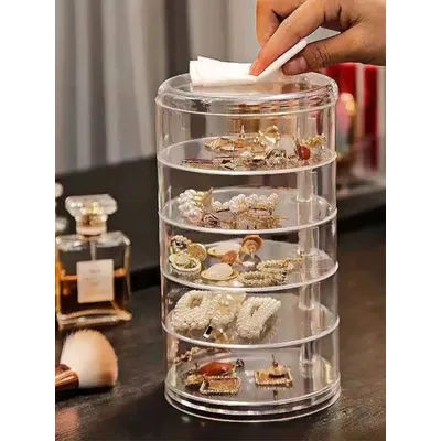 1pc Stylish & Large Capacity 3/4/5 Layers Rotating Jewelry Storage Box For Women, Transparent Desktop Organizer Dust-proof Hair