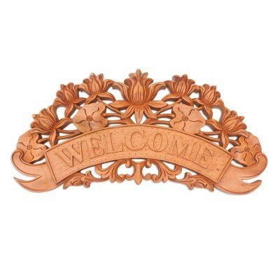 Welcoming Lotus,'Hand Crafted Suar Wood Lotus Flower Wall Sign'