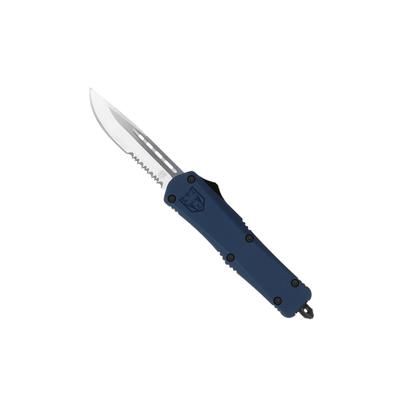 CobraTec Knives FS-3 Medium OTF Automatic Folding Knives 3in D2 Steel Drop Serrated Blade Nypd Blue Handle MNYFS-3DS