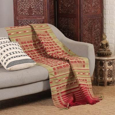 Jodhpur Glory,'Handcrafted Cherry and Green Cotton Throw from India'