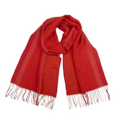 Fiery Existence,'Handloomed Red and Orange Baby Alpaca Blend Fringed Scarf'