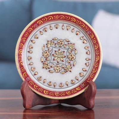 Triumph of the Scarlet Bloom,'Handcrafted Floral Scarlet and White Marble Decorative Plate'