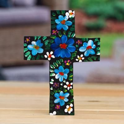 'Hand-Painted Floral Blue and Green Wood Cross from Mexico'