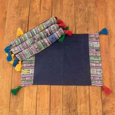 Land of Traditions,'Set of Four Handwoven Cotton Placemats with Colorful Tassels'
