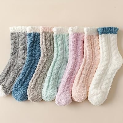 5/7/8 Pairs Colorblock Fuzzy Socks, Comfy & Warm Mid Tube Socks, Women's Stockings & Hosiery