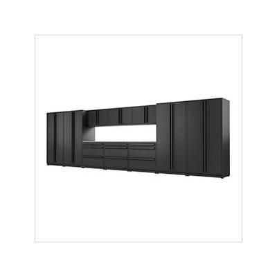 Proslat Garage Cabinets 12-Piece Mat Black Cabinet Set with Black Handles and Stainless Steel Worktop