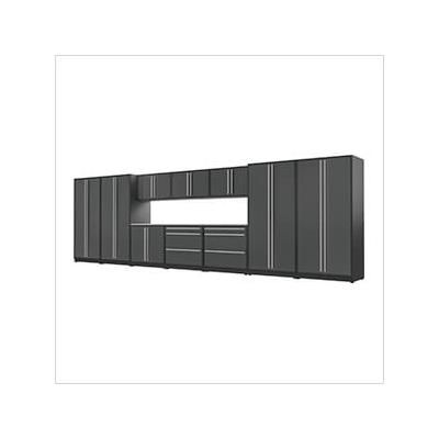 Proslat Garage Cabinets 12-Piece Glossy Grey Cabinet Set with Silver Handles and Stainless Steel Worktop