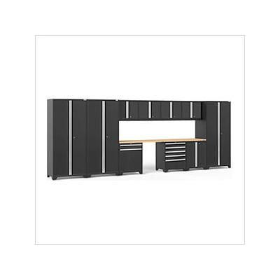 NewAge Garage Cabinets PRO Series Black 12-Piece Set with Bamboo Tops and LED Lights