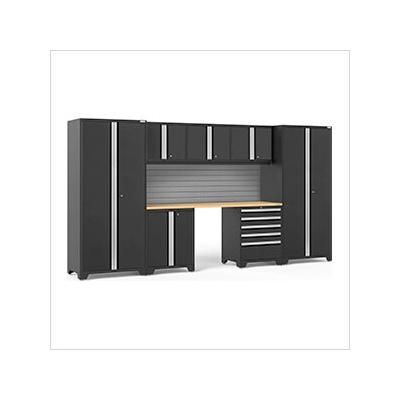 NewAge Garage Cabinets PRO Series Black 8-Piece Set with Bamboo Top and Slatwall