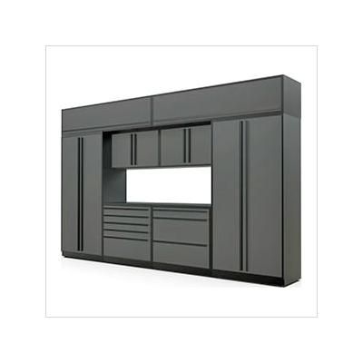 Proslat Garage Cabinets 9-Piece Glossy Grey Cabinet Set with Black Handles and Powder Coated Worktop