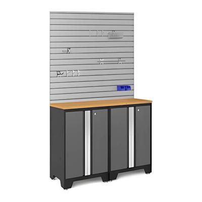 NewAge Garage Cabinets BOLD Series Grey 4-Piece Set with Bamboo Top, Slatwall and Hook Kit