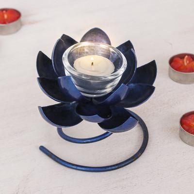 Lotus Flame in Blue,'Handmade Steel & Iron Lotus Flower Tealight Holder in Blue'