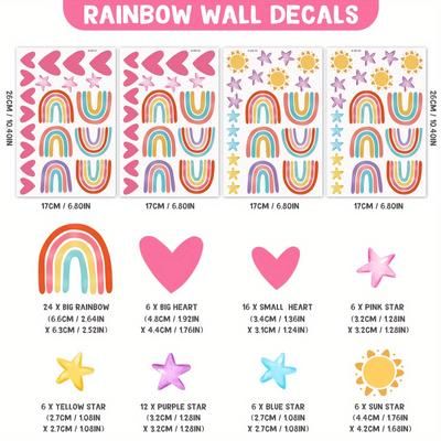 82pcs Boho Rainbow Wall Decor Stickers, Small Rainbow Wall Decal, Watercolor Rainbow Heart Sun Star Wall Stickers, For Girls Boys Bedroom Wall Decor