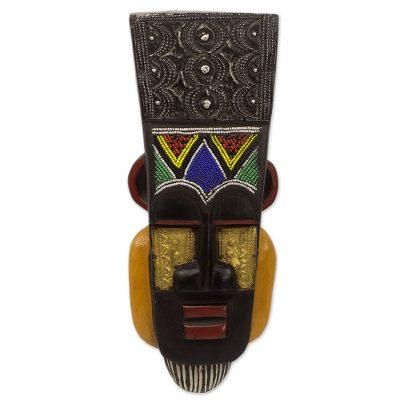 Obi,'Hand Carved Ghanaian Wall Mask with Brass and Beaded Accents'