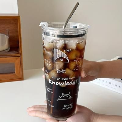 TEMU 1pc, 1000ml Glass Cup, Large Heat Resistant Transparent Water Cup With Lid And Metal Straw, Home Beverage Latte Milk Cup, For Office Restaurant Bar