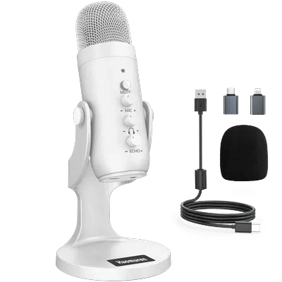 Haomuren Professional White USB Condenser Microphone Studio Recording Mic for PC Computer Phone Gaming Streaming Podcast Youtube