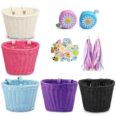 4pcs/Set Pe Rattan Wicker Bicycle Front Basket+Bell+Tassel+Sticker Bicycle Front Basket Hand Handwoven Children's Bicycle Basket