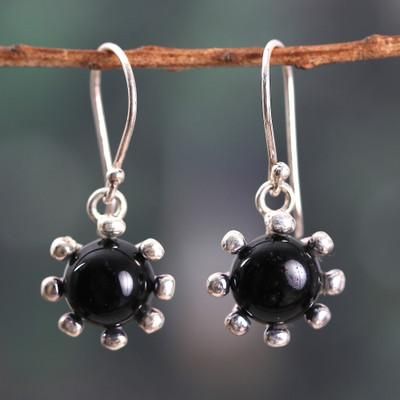 Solar Shadow,'Sun-Themed Sterling Silver and Onyx Dangle Earrings'