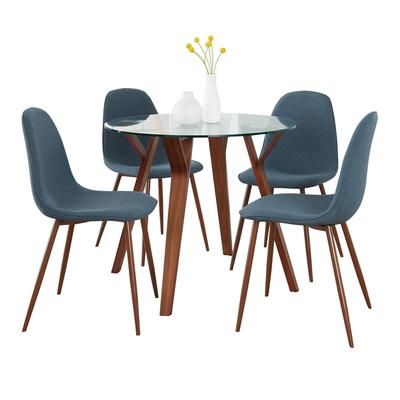 Folia Round Pebble Dining Set - 5 Piece by Lumisource in Walnut Blue Fabric