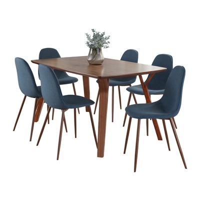 Folia Pebble Dining Set - 7 Piece by Lumisource in Walnut Blue Fabric