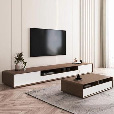 Modern Wood White TV Stand, Lowline Media Console with 4 Drawers, Open Storage Cabinet, Walnut Veneer, Fully-assembled, 78"
