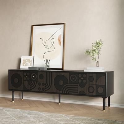 70.87"Mid-Century Modern TV Stand,Wood Media Console with Cabinets, Tall-Cast Legs, Smoky Color Entertainment Center