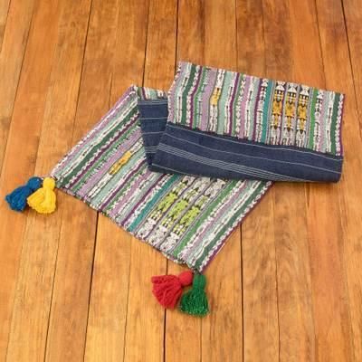 Land of Traditions,'Handwoven Striped Cotton Table Runner with Colorful Tassels'