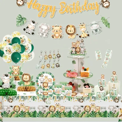 Décoration d'anniversaire Safari dans la Jungle, animaux de la Jungle, cadeaux de 1er anniversaire, vaisselle sauvage pour un anniversaire, décor de réception-cadeau pour bébé