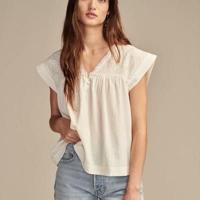 Lucky Brand Band Sleeve Yoke Top - Women's Clothing Tops Tees Shirts in Gardenia, Size S