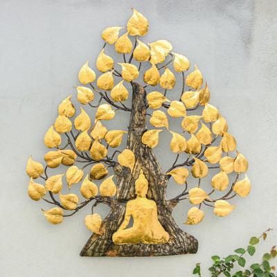 Buddha's Forest,'Handmade Gold Foil and Steel Wall Art of Buddha and Tree'