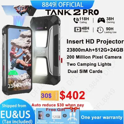 8849 Tank 2 PRO Rugged Smartphone with Projector 6.79" 2.4K Display 24GB 512GB Mobile Phone 23800mAh 120W Android 14 Phone